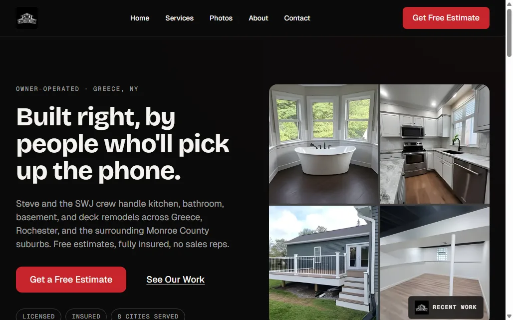 Screenshot of SWJ Construction (v2) home page
